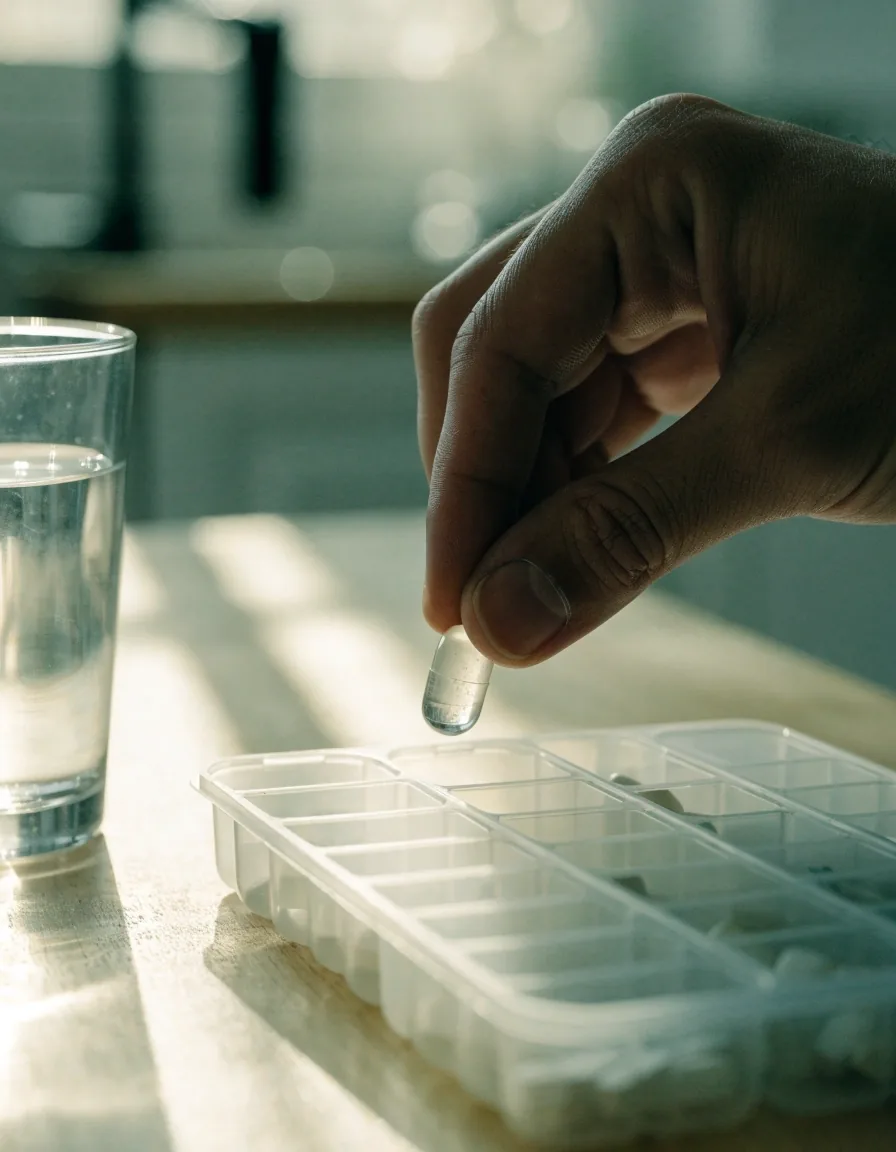 A bottle of capsules beside the compartment tray and a glass of water on a sunlit worktable