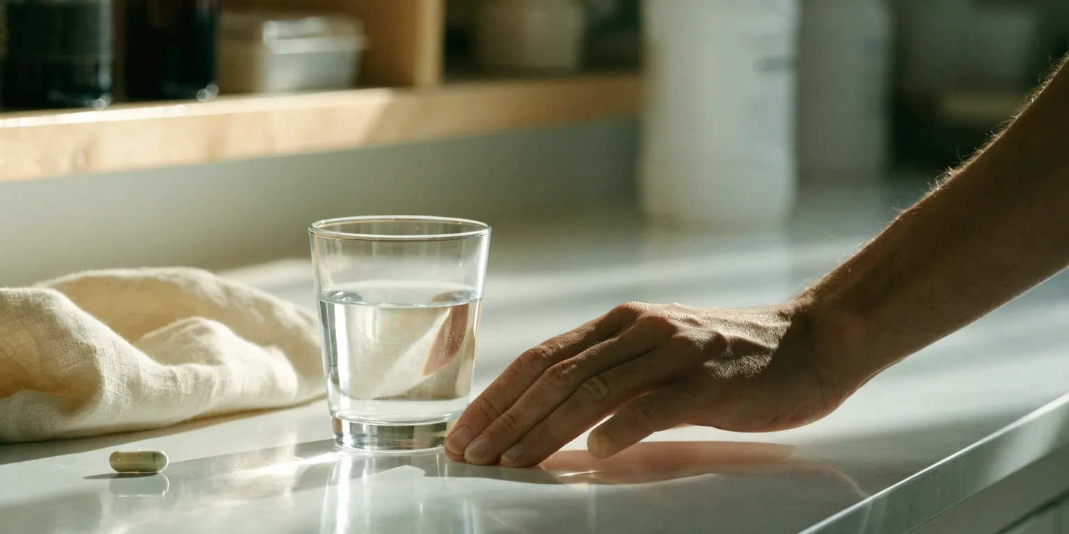 Morning kitchen counter with a glass of water, a napkin and one capsule